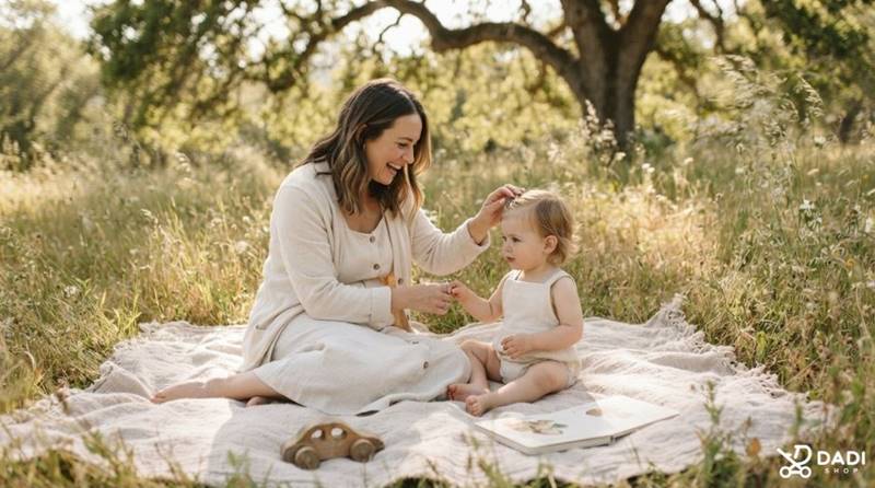 Mama z dzieckiem na kocu w trawie na tle drzew, spędzające czas blisko natury w duchu slow parenting.